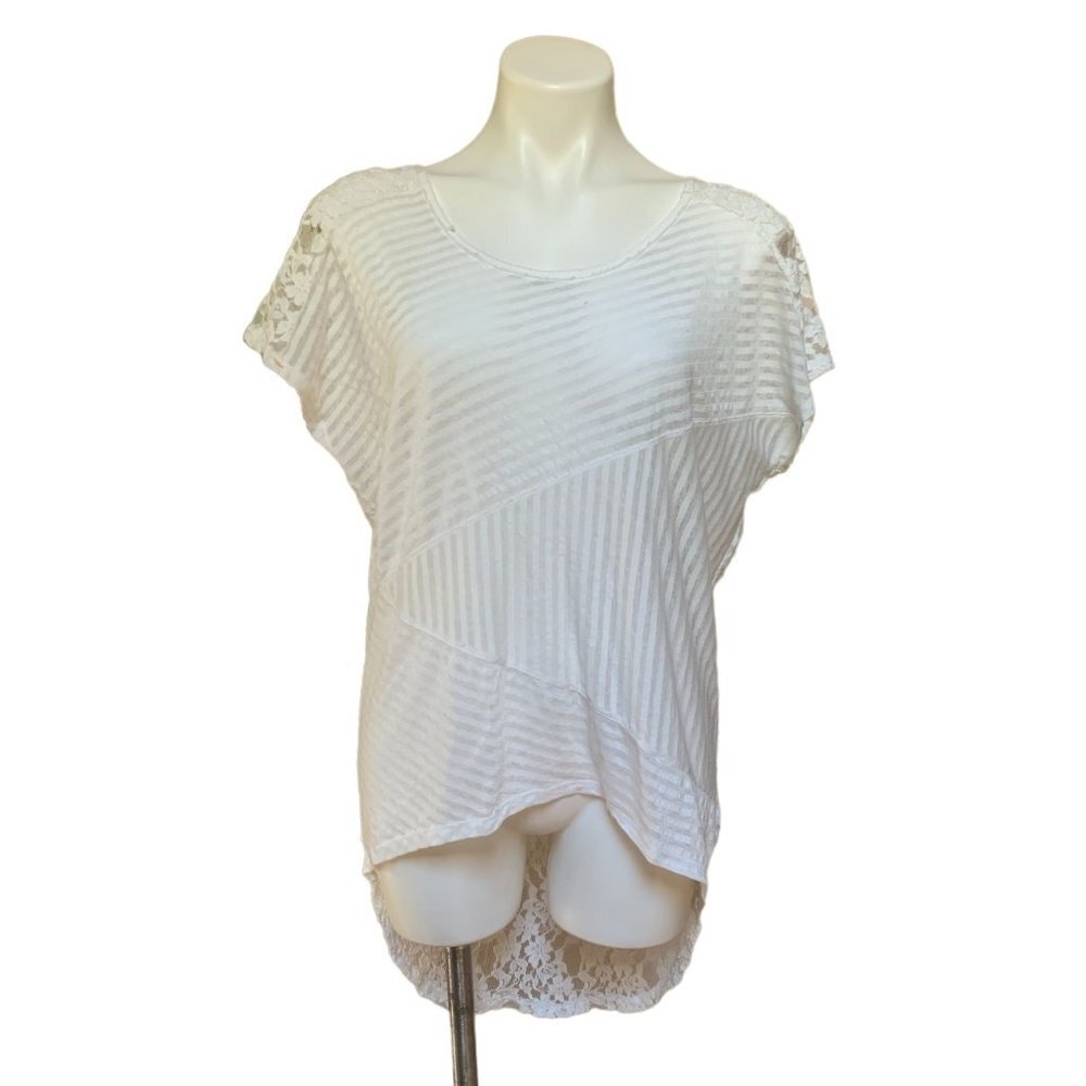 Free People Lace Back Burnout Striped Shirt XS Oversized White